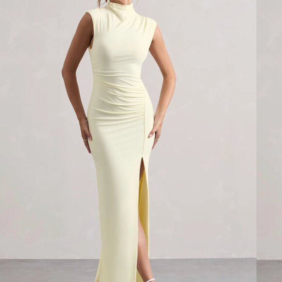 Club L. London Lanetta Cream Ruched High-Neck Maxi Dress With Split - Picture 2 of 6